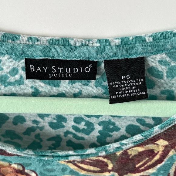 Bay Studio Teal and Brown Floral Short Sleeve Top with a sheer leopard print. - Picture 5 of 6